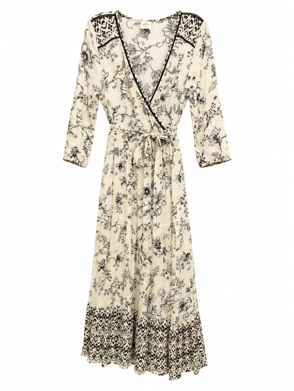 Knox Rose Maxi Dress Medium Ivory Black Floral Faux Wrap Boho Prairie Rayon - Picture 6 of 7
